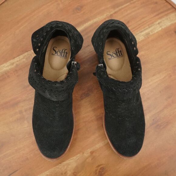 Sofft Womens Brinkley Ankle Boots Fold Over Black Suede Perforated Block Heel 6M - Picture 8 of 11